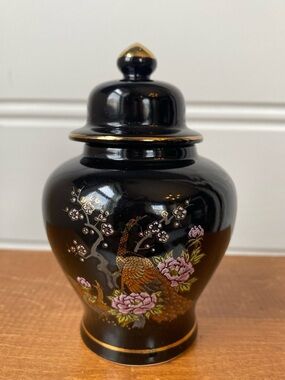 Vintage Japanese Black Glazed Porcelain Lidded Ginger Jar Hand Painted Peacock